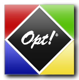 Diamond-shaped "Opt!" logo with red, green, blue, and yellow corners.