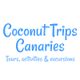 Texto azul: "Coconut Trips Canaries: Tours, activities & excursions" en fondo blanco.