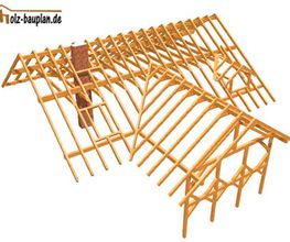 Holzrahmenkonstruktion eines Dachs mit Holzbalken und Schornstein, von oben betrachtet.
