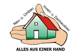 Eine Hand hält ein Haus mit Text "Neu- u. Umbau", "Innen- u. Dachausbau", "ALLES AUS EINER HAND".