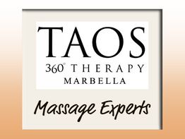 Logotipo de TAOS 360° Therapy Marbella con texto "Massage Experts" en fondo beige.