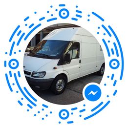 Furgoneta blanca rodeada de un código de Messenger azul.