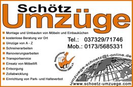 Schötz Umzüge: Umzugsservice, Beratung, Renovierung, Kontakt: 037329/71746, www.schoetz-umzuege.de