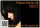 Werbung für "Friseur Corner 38" mit Adresse, QR-Code und Porträtfoto einer Frau mit schwarzen Haaren.