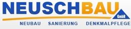 Logo: "NEUSCHBAU GmbH" in Blau und Gelb, mit den Worten "NEUBAU SANIERUNG DENKMALPFLEGE" darunter.