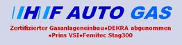 HIF AUTO GAS Logo mit Text: "Zertifizierter Gasanlageneinbau, DEKRA abgenommen, Prins VSI".
