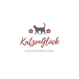 Logo mit schwarzer Katze, Blumen und dem Schriftzug "KatzenGlück" in roter Schrift.