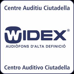 Logo de Widex con texto: "Audífonos de alta definición" y "Centro Auditivo Ciutadella".