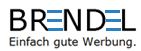 Logo mit Text "Brendel. Einfach gute Werbung." in schwarz, blau hervorgehoben.