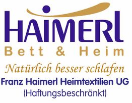 Logo von Haimerl Bett & Heim mit Slogan „Natürlich besser schlafen“ in Blau und Gold.