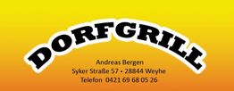Gelbes Logo mit "Dorfgrill", Adresse und Telefonnummer auf orangem Hintergrund.