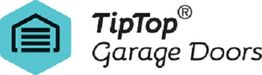 Logo of "TipTop Garage Doors" with a hexagon and garage door icon on the left.