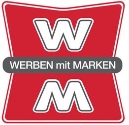 Rotes Logo mit "W" oben, "M" unten und Text "WERBEN mit MARKEN" in der Mitte.