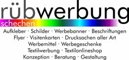 Logo mit Regenbogen, Text: "Rübwerbung", Dienstleistungen wie Aufkleber und Werbegeschenke.