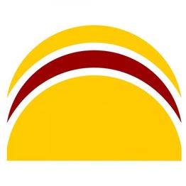 Gelb-rotes abstraktes Design mit gebogenen Streifen in Halbkreisform.