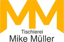 Gelbes Logo mit großen "MM", darunter steht "Tischlerei Mike Müller".
