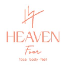 Logo van Heaven: gezicht, lichaam, voeten in oranje letters op een witte achtergrond.