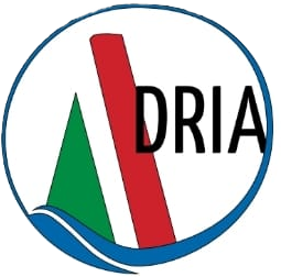 Logo mit stilisierter Flagge, Buchstaben "DRIA" und Wellenlinie in blauem Kreis.