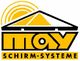 Gelbes und schwarzes Logo mit den Worten "May Schirm-Systeme" und einem stilisierten Dach.