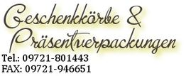 Text: "Geschenkkörbe & Präsentverpackungen." Telefonnummer und Faxnummer sind angegeben.