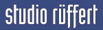 Text "studio rüffert" in weiß auf blauem Hintergrund.