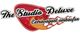 Rotes Logo mit Text "The Studio Deluxe" und "Extravagant einkaufen" in einer Flamme.