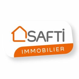 Logo de SAFTI Immobilier avec une maison stylisée orange et texte gris sur fond blanc et orange.