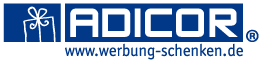 Logo von ADICOR mit Geschenk-Symbol und Website www.werbung-schenken.de in Blau.