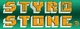 Schriftzug "STYRO STONE" in Orange auf grünem Hintergrund mit Schatteneffekt.