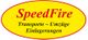Gelbes Oval mit rotem Rand: "SpeedFire Transporte – Umzüge Einlagerungen" in roter und schwarzer Schrift.