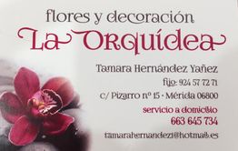 Tarjeta de presentación "La Orquídea" con contacto y dirección en Mérida.