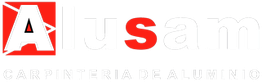 Logo de Alusam, carpintería de aluminio, con letras rojas y blancas sobre fondo blanco.