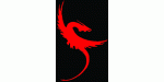Roter Drache mit ausgebreiteten Flügeln auf schwarzem Hintergrund.