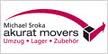 Logo von "akurat movers", mit rotem Pfeil und Text: Umzug, Lager, Zubehör.