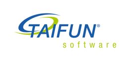 Logo von Taifun Software mit blau-grünem Wirbel und Schriftzug.