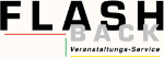 Schwarzes "FLASHBACK" Logo mit rotem und grünem Strich, darunter "Veranstaltungs-Service".