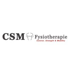 Logo van CSM Fysiotherapie met de tekst "Control, Strength & Mobility" in rood.