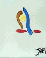 Abstrakte Kunst mit blauen, braunen und roten Formen und gelbem Kreis auf weißem Hintergrund.