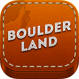 App-Icon mit brauner Ledertextur und dem weißen Schriftzug "Boulder Land" in der Mitte.