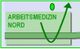 Grünes Logo mit Text "Arbeitsmedizin Nord" und einem Pfeil, der nach oben zeigt.