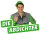 Mann in Arbeitskleidung mit Daumen hoch, Text: "Die Abdichter".