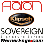 Logos von Aaron, Klipsch und Sovereign mit Webseite WernerEnge.com in schwarzer und roter Schrift.