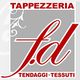 Logo di tappezzeria con testo in rosso su sfondo grigio: "Tappezzeria", "Tendaggi", "Tessuti".