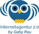 Eulenlogo über Text "Internetagentur 2.0 by Gaby Rau" in Blau und Gelb auf weißem Hintergrund.
