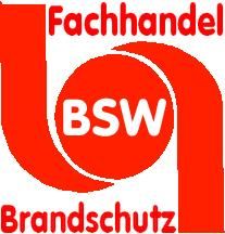 Rotes Logo mit Text: "Fachhandel Brandschutz" und "BSW" in der Mitte.