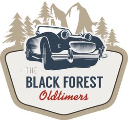 Oldtimer-Logo mit Auto und Tannen, Text: "The Black Forest Oldtimers".