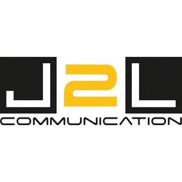 Logo texte: "J2L COMMUNICATION" en noir et jaune, style moderne et minimaliste.