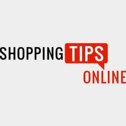 "Shopping Tips Online" text on a white background in bold black and red lettering.