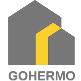 Logotipo de GOHERMO con forma de edificio gris y detalle amarillo.