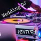 DJ playing at a wedding with turntables and colorful lights. Text: "Wedding DJ VENTURA."